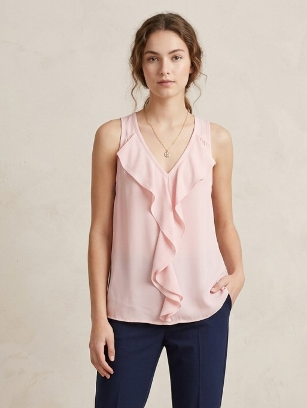 Guess Sleeveless Ruffle Front Racerback Blouse Blush Pink